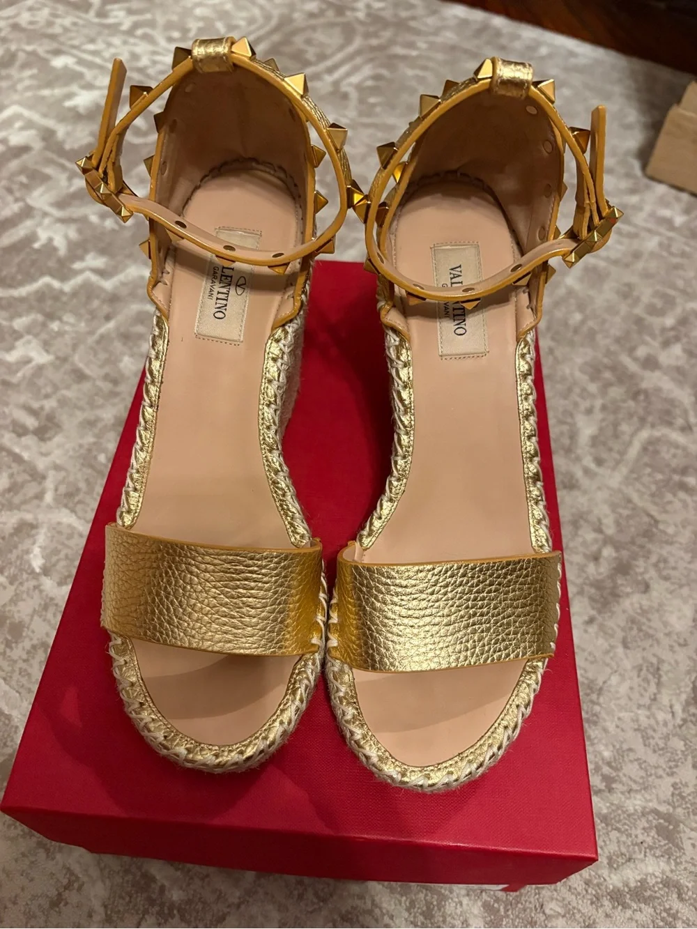 Valentino Gold Leather Ankle-Strap Wedge Espadrilles